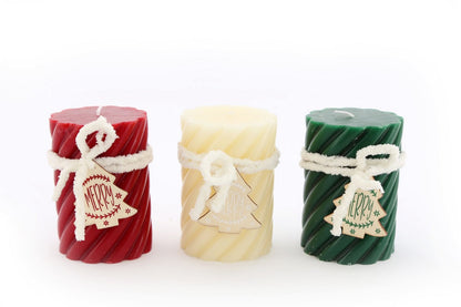 Three Twist Pillar Candles, Green, Cream & Red - ScentiMelti Home Fragrance, Beauty & Gifts UK