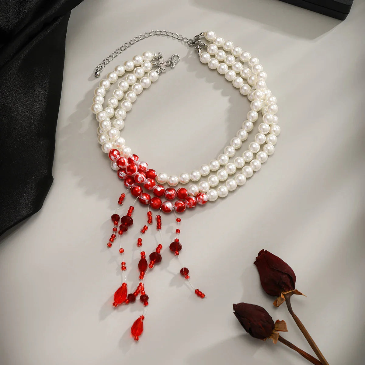 Multilayer Vintage Red Blood Pattern Imitation Pearl Tassel Pendant Necklace for Women Goth Crystal Bead Chain Halloween Jewelry - ScentiMelti Home Fragrance, Beauty & Gifts UK