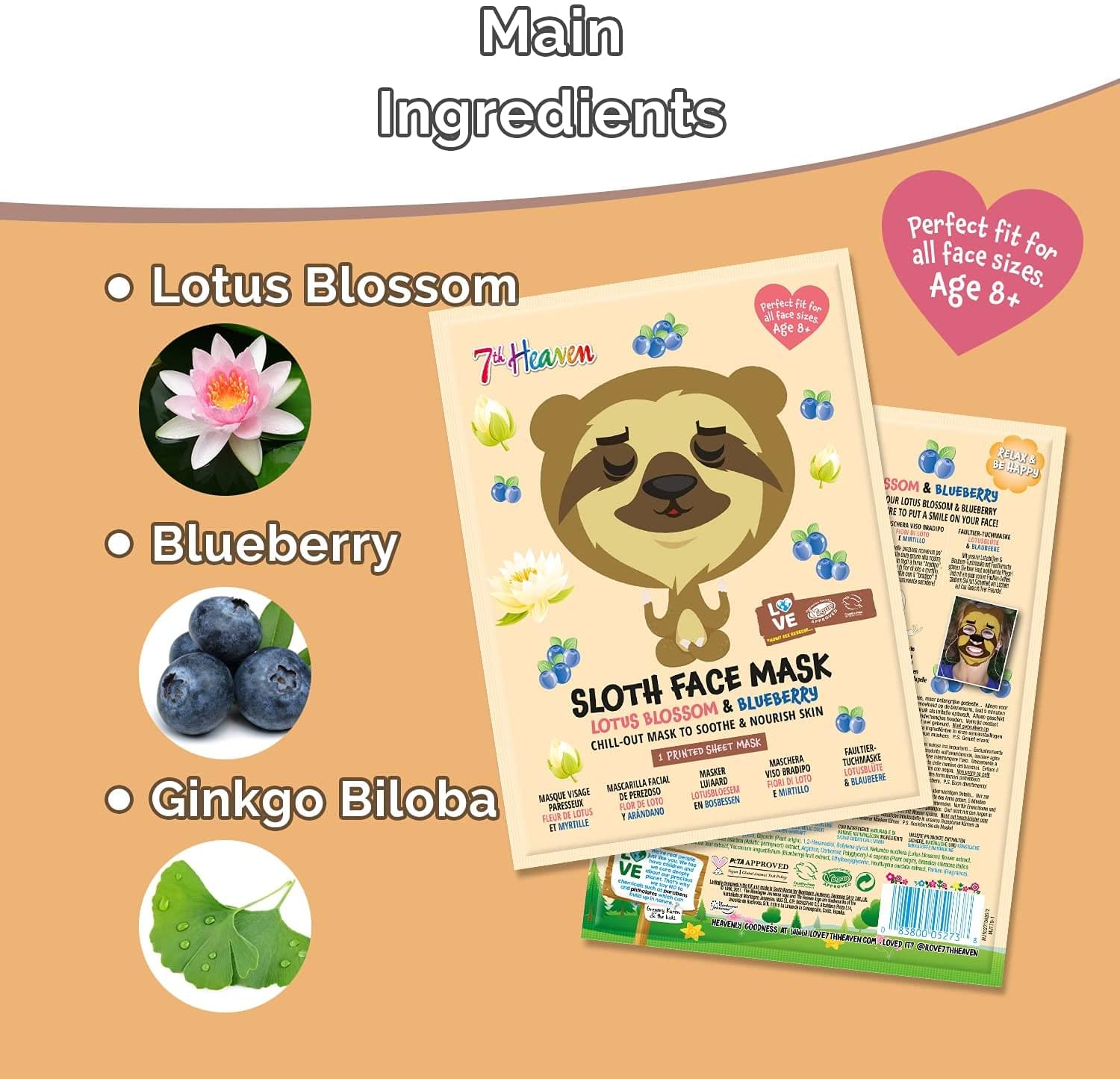 7th Heaven Animal Face Sheet Mask Sloth - with Lotus Blossom and Blueberry Chill Out Mask to Soothe and Nourish Mask Beauty Goddess ScentiMelti Wax Melts