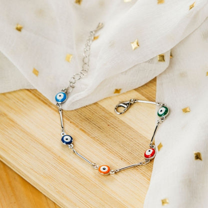 Gold and Silver Evil Eye Charm Dainty Minimalist Protection Bracelet The Colourful Aura ScentiMelti Wax Melts