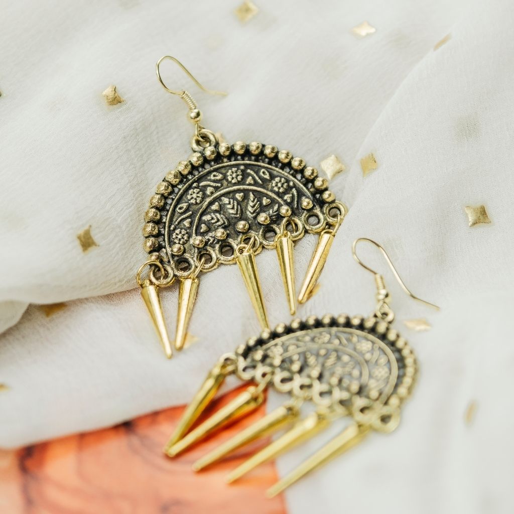 Gold Semicircular Intricate Oxidized Indian Asian Boho Drop Ethnic Tribal Jhumka The Colourful Aura ScentiMelti Wax Melts