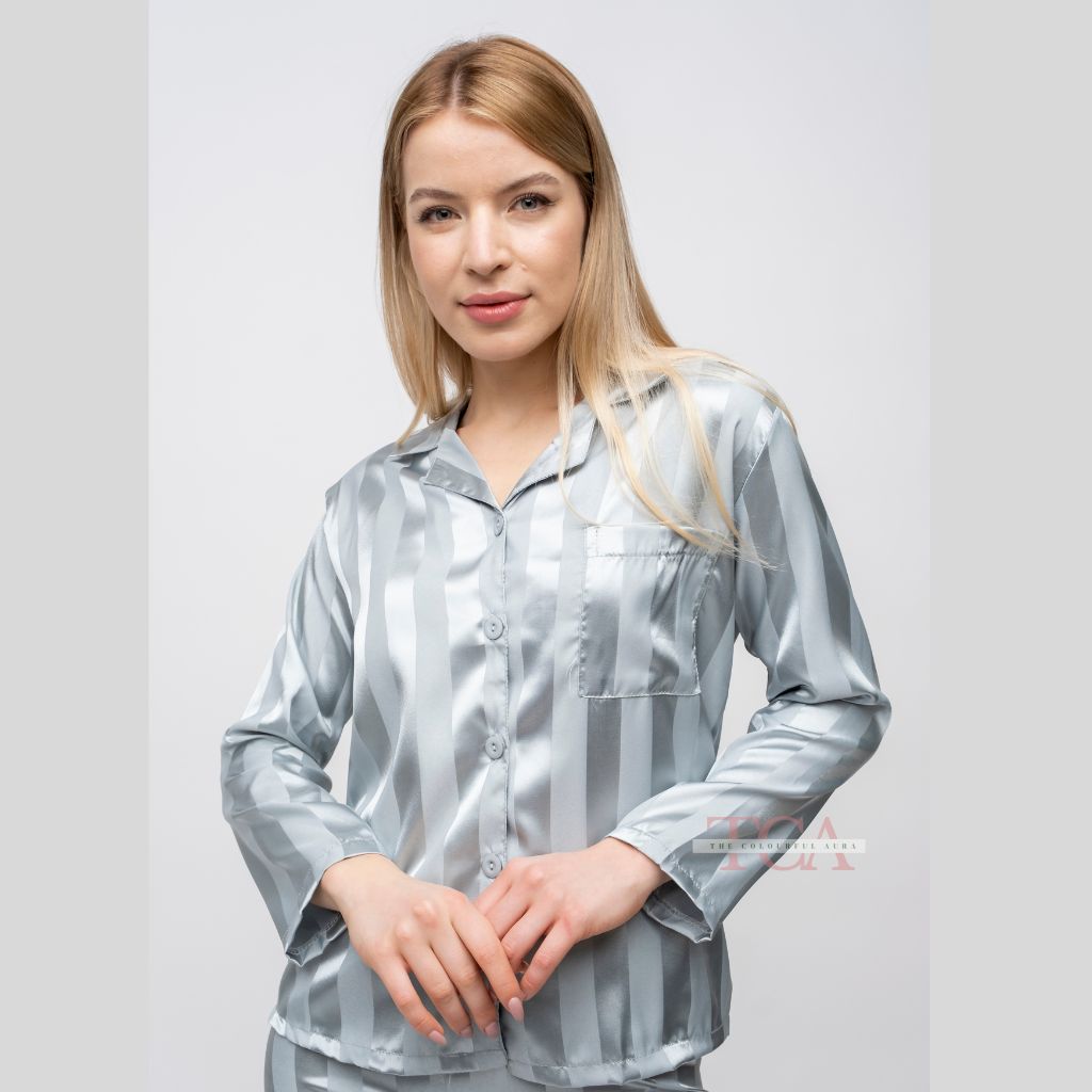 Beige Stripe Soft Satin Long Sleeve Night Suit Women's Silk Sleepwear Pyjama Set - ScentiMelti Home Fragrance, Beauty & Gifts UK