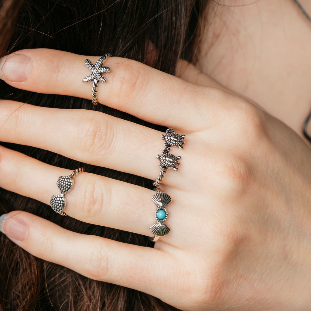 4 Piece Stackable Bohemian Starfish Turtle Beach Midi Retro Rings - ScentiMelti Home Fragrance, Beauty & Gifts UK