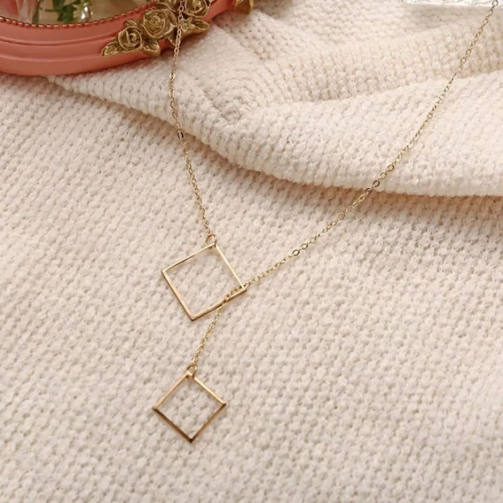 Two Square Drop Lariat Y Shape Interlock Rectangle Bar Lariat Drop Necklace - ScentiMelti Home Fragrance, Beauty & Gifts UK