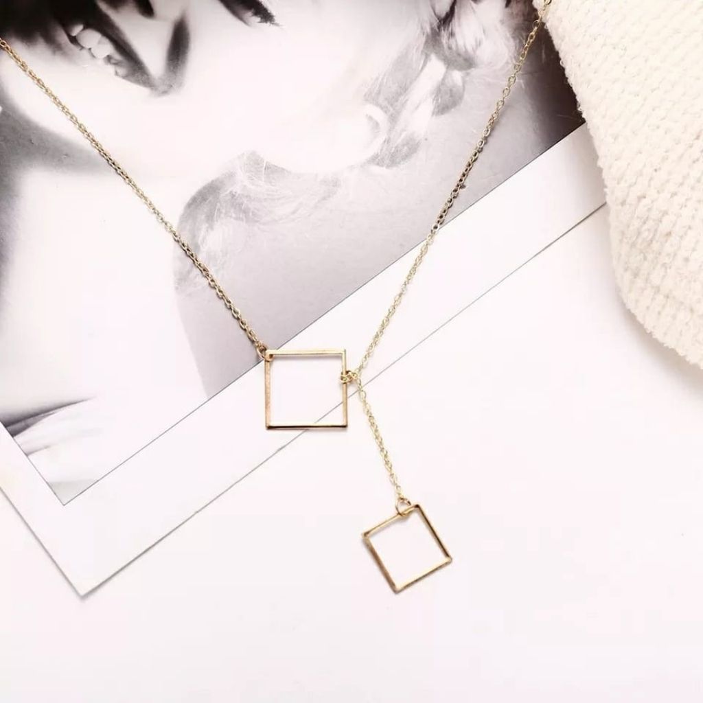 Two Square Drop Lariat Y Shape Interlock Rectangle Bar Lariat Drop Necklace - ScentiMelti Home Fragrance, Beauty & Gifts UK