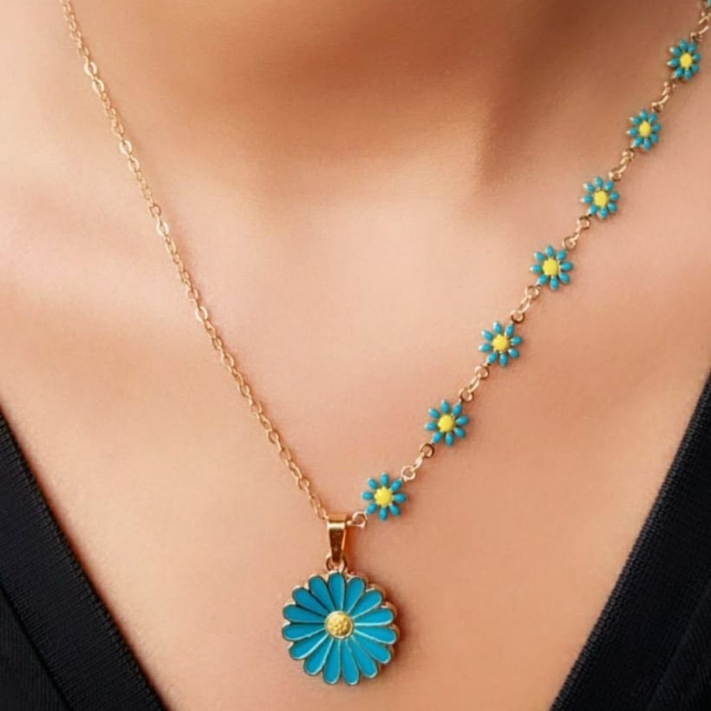 Half Turquoise Flower Charms Choker Summer Indie Boho Daisy Floral Necklace - ScentiMelti Home Fragrance, Beauty & Gifts UK