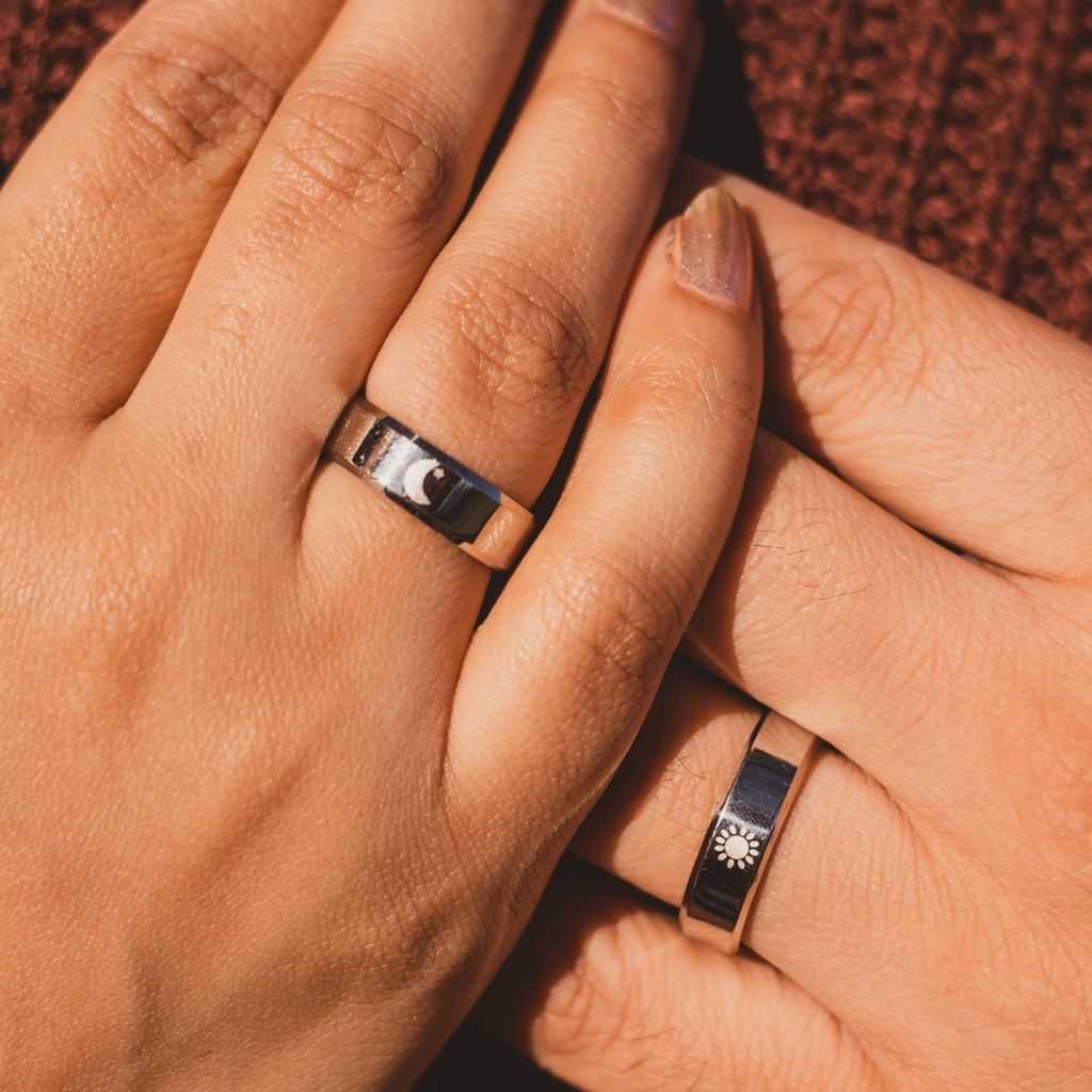 Black Band Matching Couple Moon and Sun Promise Ring set - ScentiMelti Home Fragrance, Beauty & Gifts UK