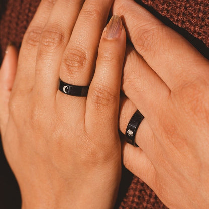 Black Band Matching Couple Moon and Sun Promise Ring set - ScentiMelti Home Fragrance, Beauty & Gifts UK