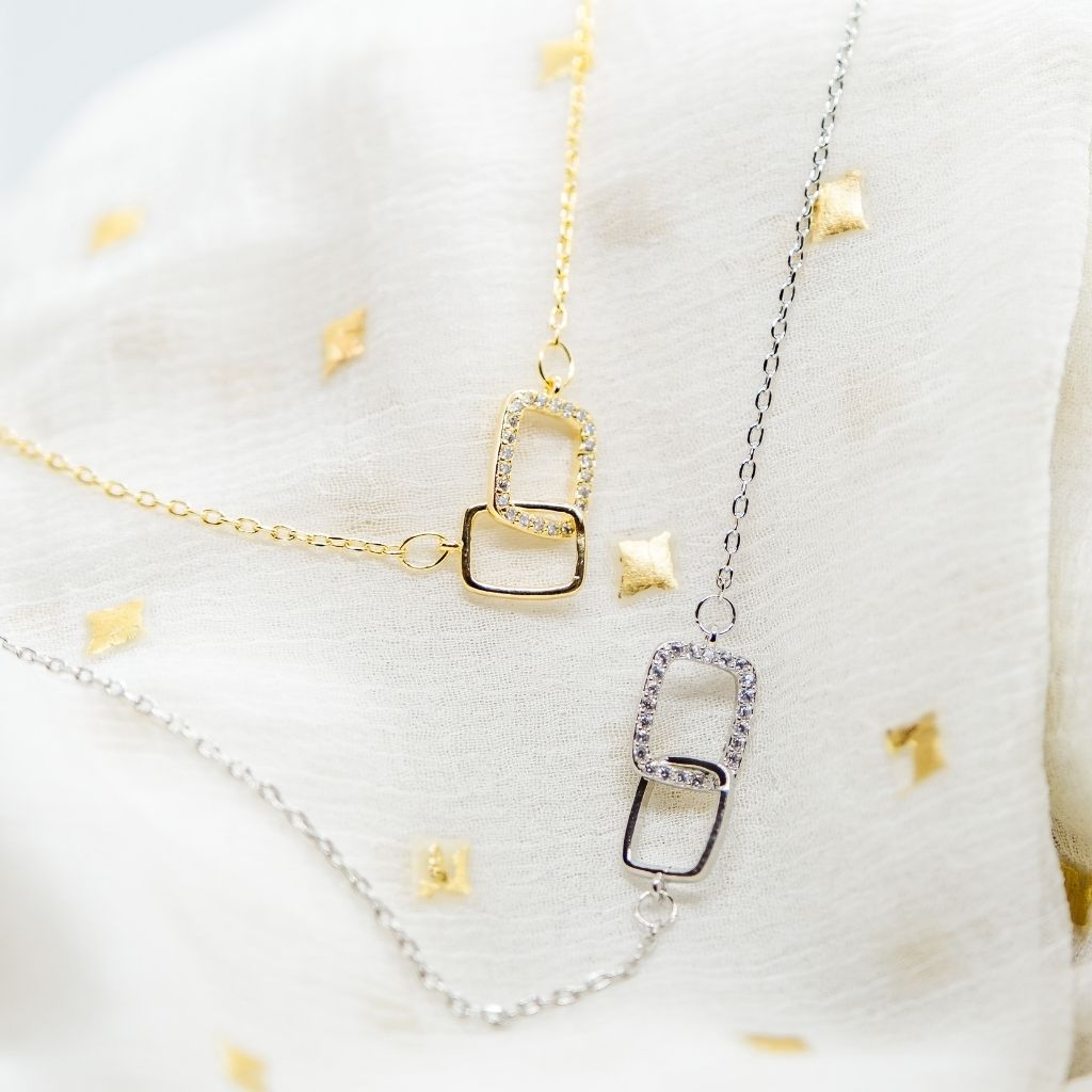 Sterling Silver Square Interlocking Zircon Clavicle Geometric Pendant Necklace - ScentiMelti Home Fragrance, Beauty & Gifts UK