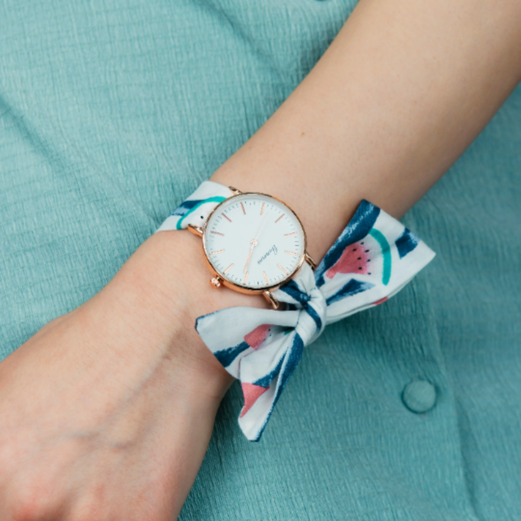 Blue Watermelon Print Changeable Cotton Tie Knot Strap Geneva Boho Wristwatch The Colourful Aura ScentiMelti Wax Melts