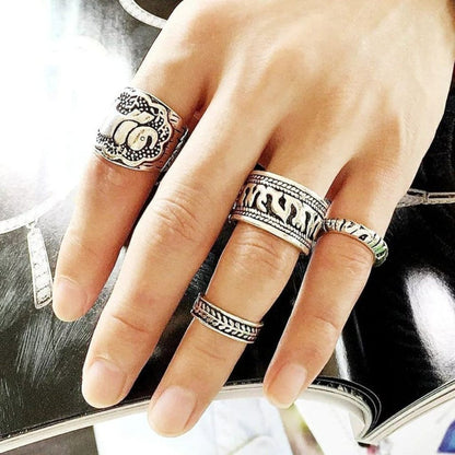 4 Pieces Ethnic Vintage Elephant Bohemian Antique Silver Rings Set - ScentiMelti Home Fragrance, Beauty & Gifts UK