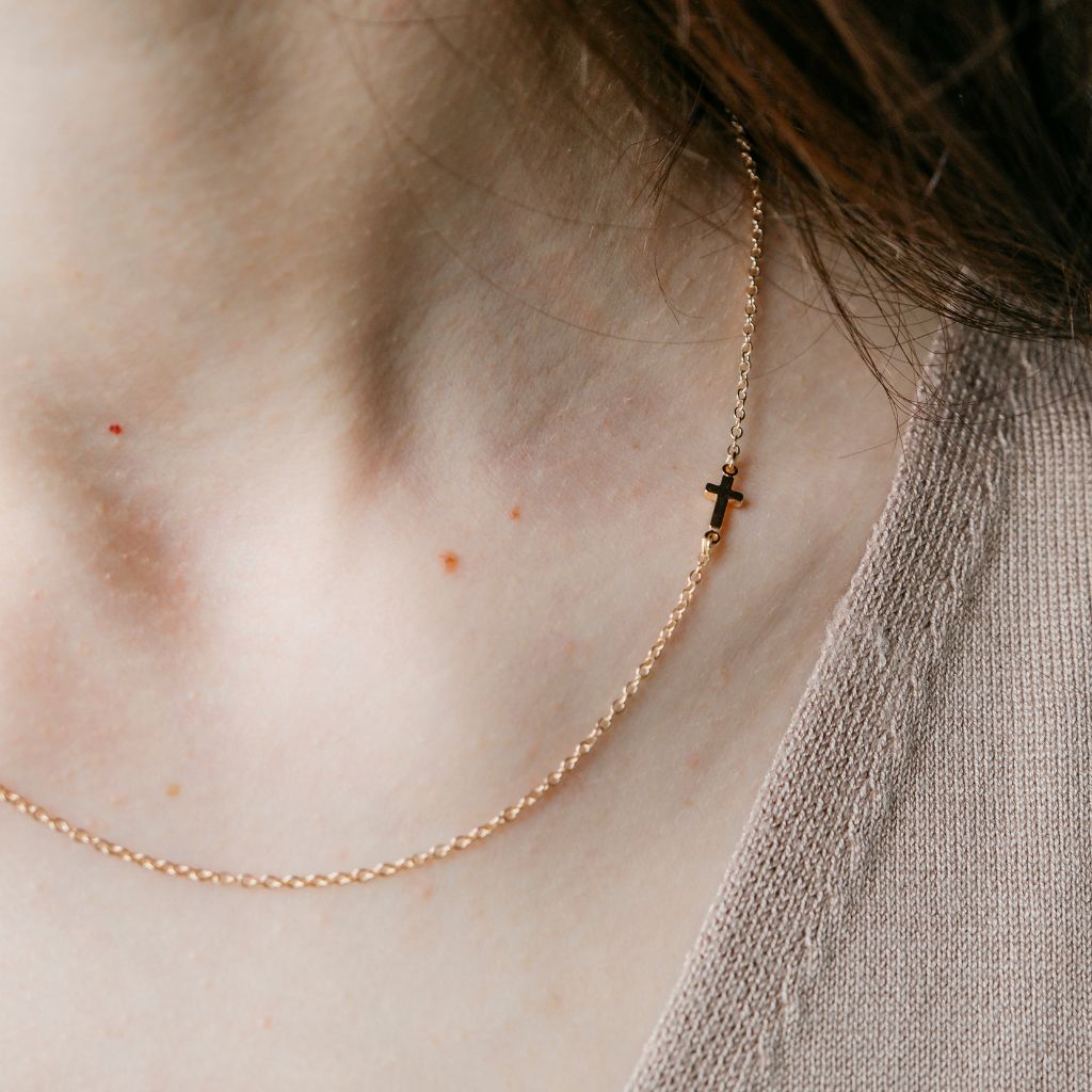 Silver and Gold Sideways Christian Minimalist Dainty Cross Charm Choker Necklace - ScentiMelti Home Fragrance, Beauty & Gifts UK