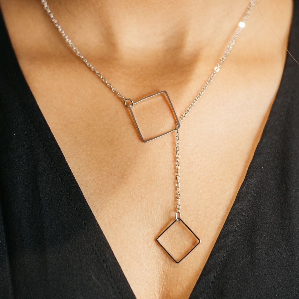 Two Square Drop Lariat Y Shape Interlock Rectangle Bar Lariat Drop Necklace - ScentiMelti Home Fragrance, Beauty & Gifts UK