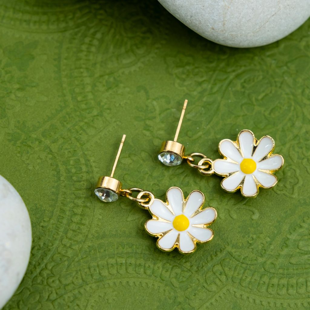 White Daisy Sun Flower Zircon Dangle Drop Summer Floral Handmade Stud Earrings The Colourful Aura ScentiMelti Wax Melts