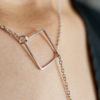 Two Square Drop Lariat Y Shape Interlock Rectangle Bar Lariat Drop Necklace - ScentiMelti Home Fragrance, Beauty & Gifts UK