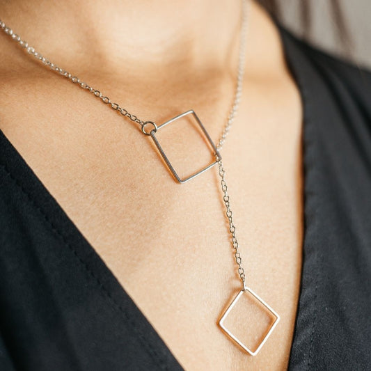 Two Square Drop Lariat Y Shape Interlock Rectangle Bar Lariat Drop Necklace - ScentiMelti Home Fragrance, Beauty & Gifts UK