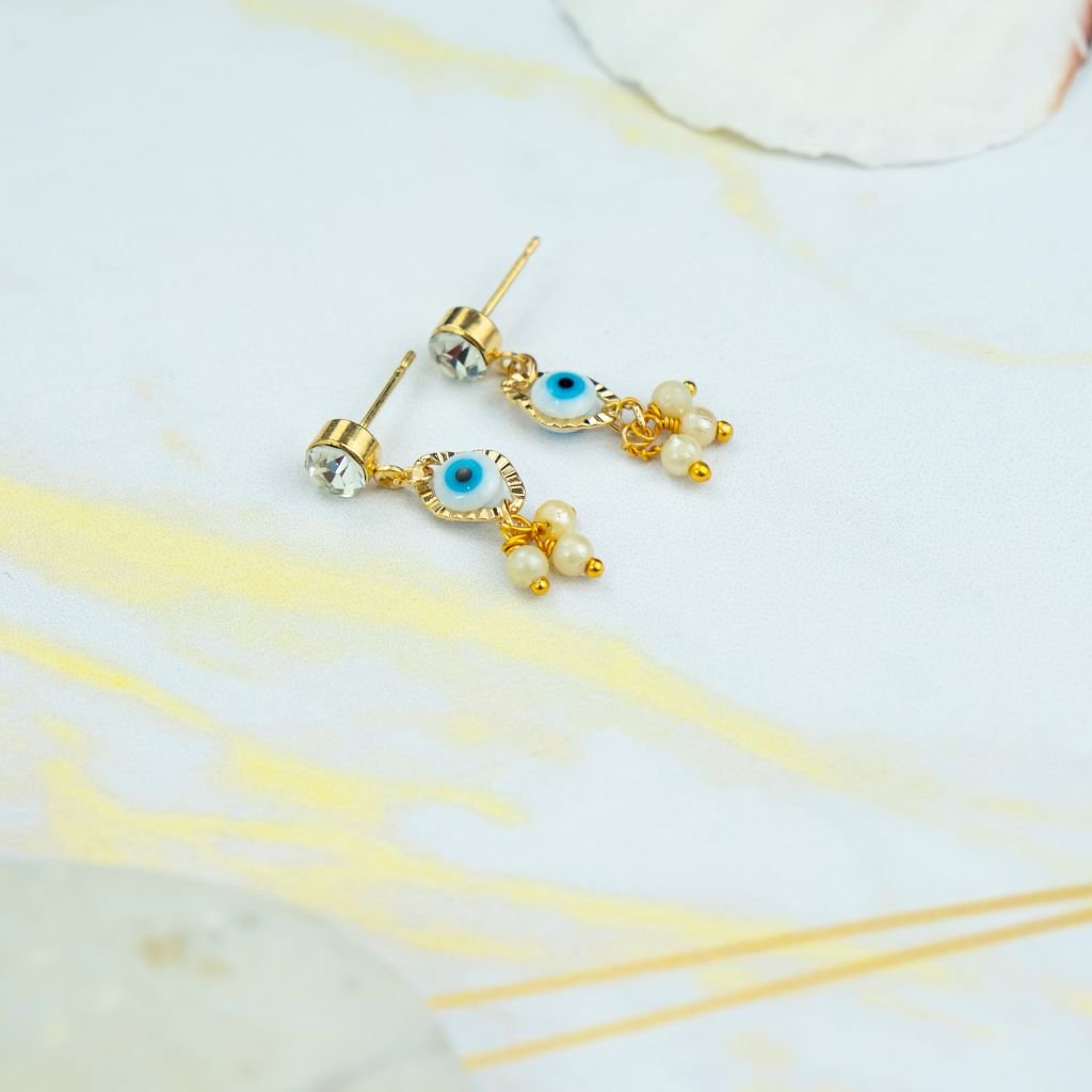 White Tiny Pearl Poth Zircon Greek Evil Eye Dangle Drop Handmade Stud Earrings The Colourful Aura ScentiMelti Wax Melts