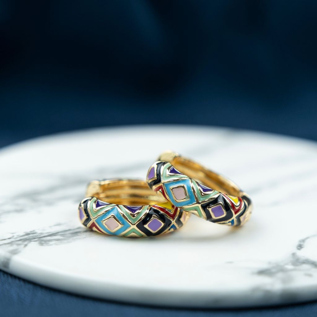 Gold Plated Large Black Multicolour Dainty Enamel Huggie Floral Hoop Earrings The Colourful Aura ScentiMelti Wax Melts