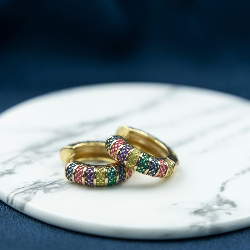 Gold Plated Large Black Multicolour Dainty Enamel Huggie Floral Hoop Earrings The Colourful Aura ScentiMelti Wax Melts