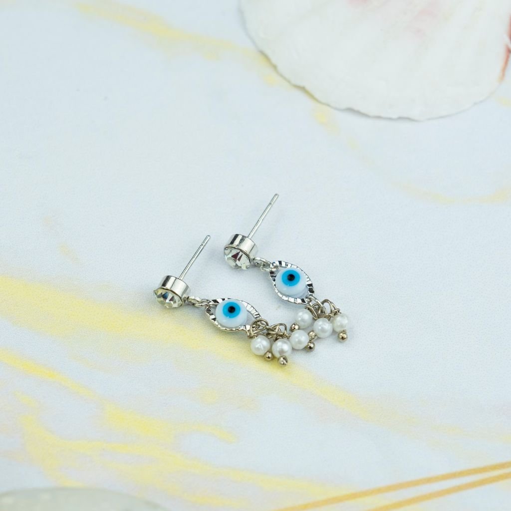 White Tiny Pearl Poth Zircon Greek Evil Eye Dangle Drop Handmade Stud Earrings The Colourful Aura ScentiMelti Wax Melts