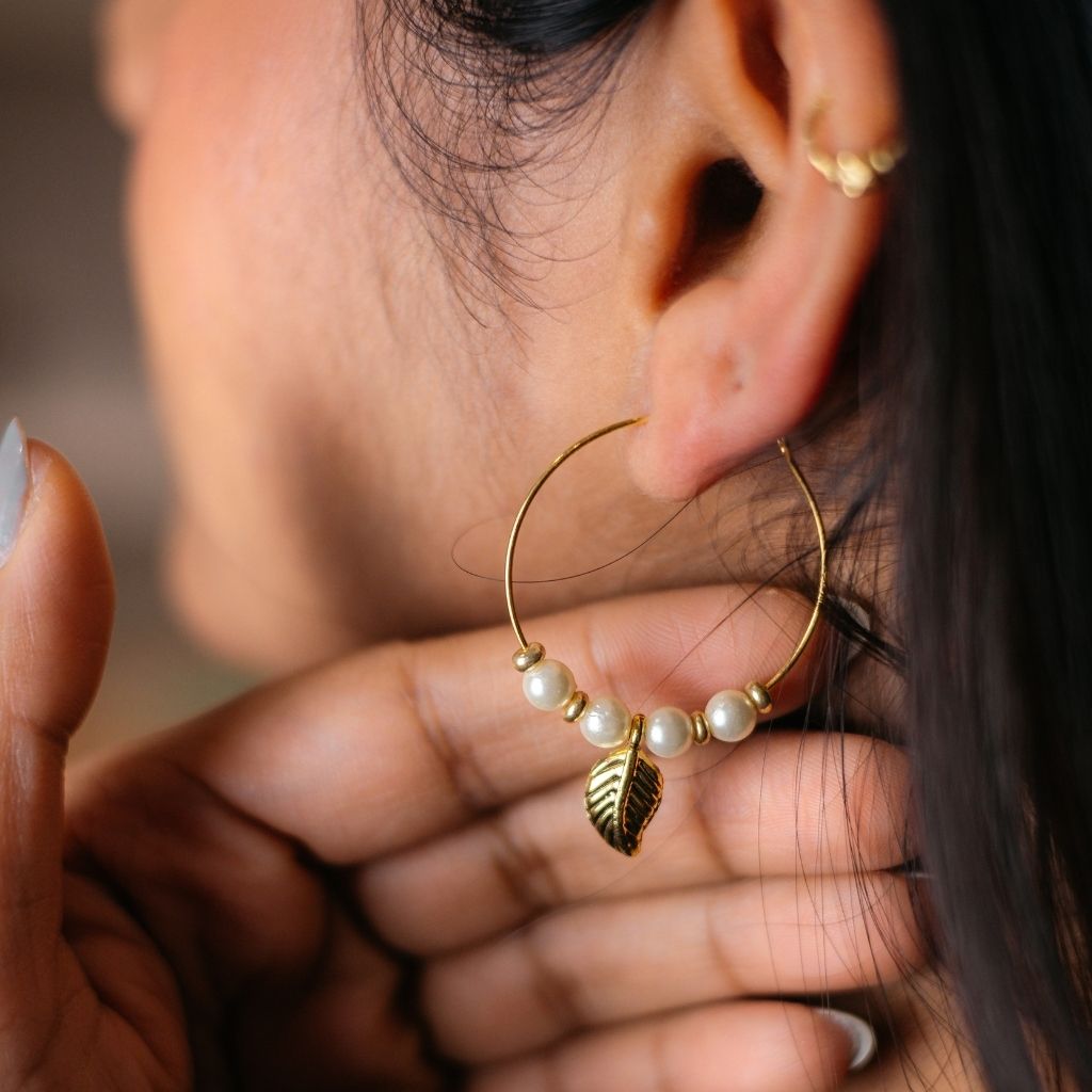 Gold Plated 30mm White Beaded Dangle Leaf Charm Huggie DaintyHoop Earring The Colourful Aura ScentiMelti Wax Melts