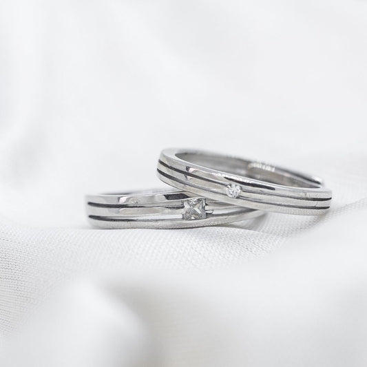 Silver Couple Promise Parallel lines Single Zircon Matching Rings - ScentiMelti Home Fragrance, Beauty & Gifts UK