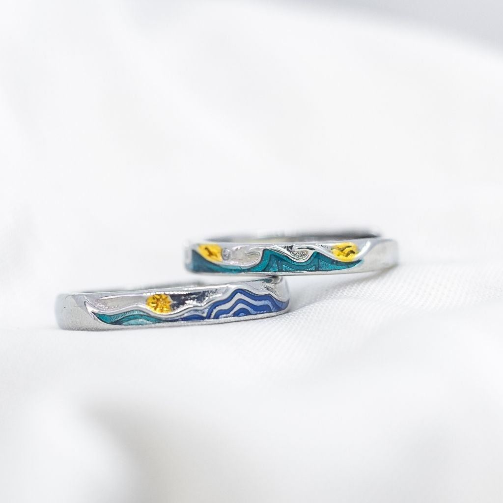 Adjustable Silver Sea Wave Enamel Couple Promise Ring Set - ScentiMelti Home Fragrance, Beauty & Gifts UK