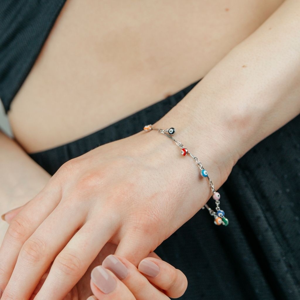 Silver Plated Dainty Evil Eye Protection Charm Beaded Dangly Adjustable Bracelet The Colourful Aura ScentiMelti Wax Melts