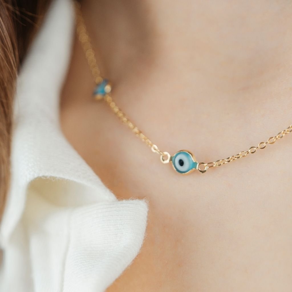 Evil Eye Gold and Silver Charm Protection Turkish Eye Blue Bead Choker Necklace - ScentiMelti Home Fragrance, Beauty & Gifts UK