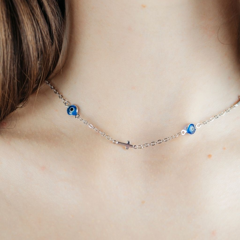 Blue Evil Eye Sideways Cross Necklace Minimalist Choker Dainty Protection Choker - ScentiMelti Home Fragrance, Beauty & Gifts UK