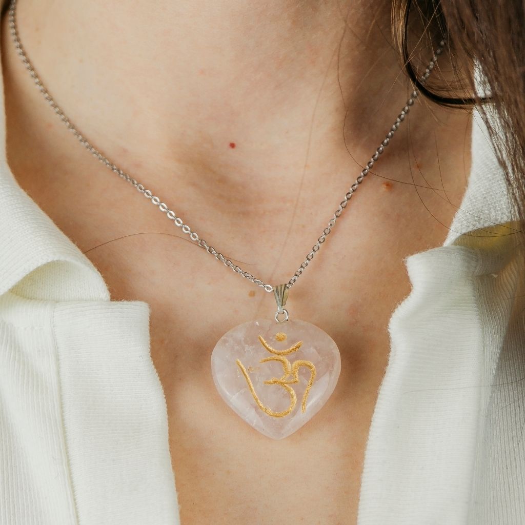 Real Rose Quartz Crystal OM Carved Heart Shape Natural Stone Pendant Necklace - ScentiMelti Home Fragrance, Beauty & Gifts UK