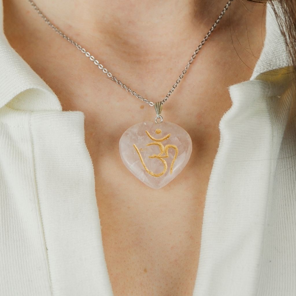 Real Rose Quartz Crystal OM Carved Heart Shape Natural Stone Pendant Necklace - ScentiMelti Home Fragrance, Beauty & Gifts UK