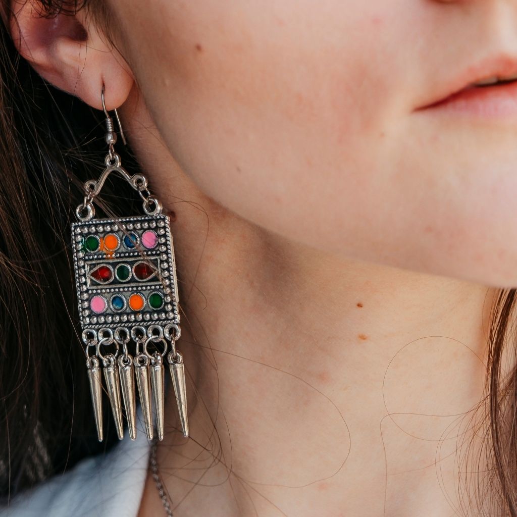 Oxidised Colourful Enamel Square Indian Boho  Drop Ethnic Asian Indian Earrings The Colourful Aura ScentiMelti Wax Melts