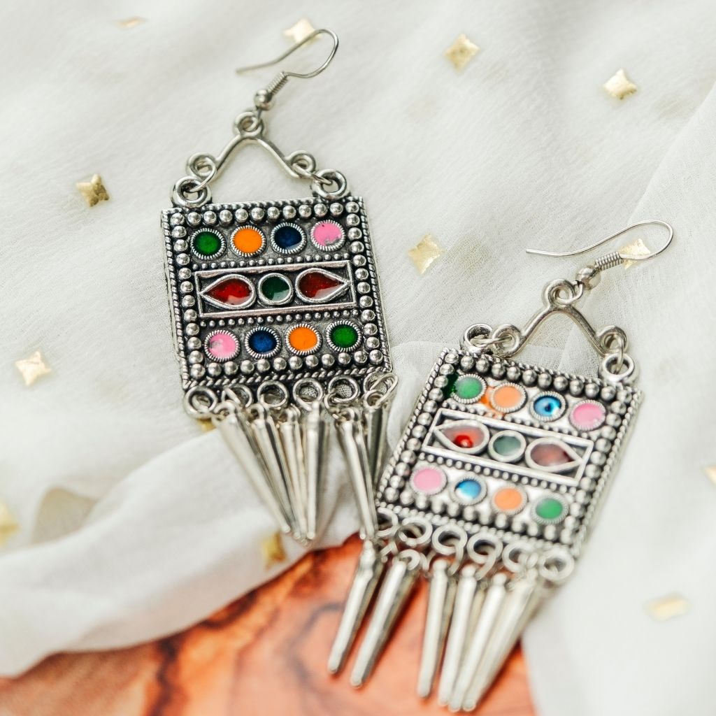 Oxidised Colourful Enamel Square Indian Boho  Drop Ethnic Asian Indian Earrings The Colourful Aura ScentiMelti Wax Melts