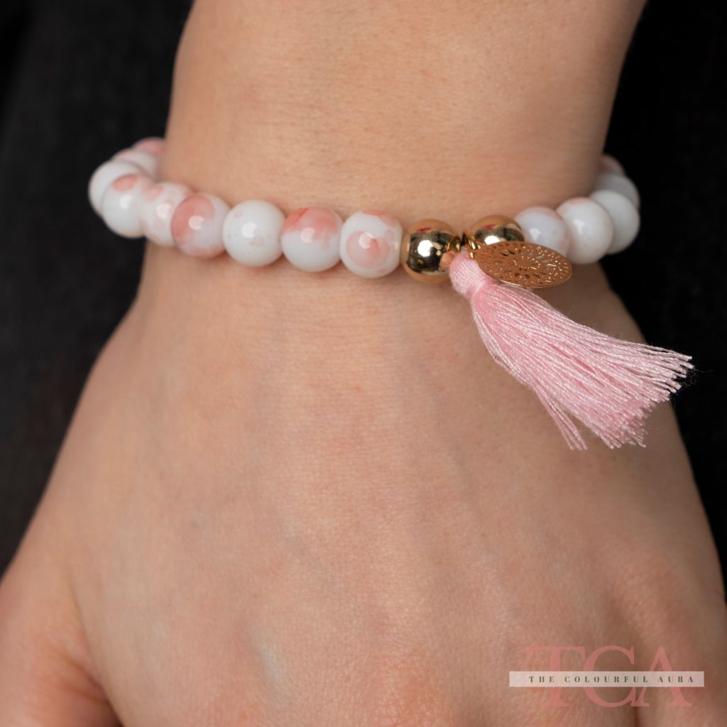 White Tender Pink Good Luck Charm Tassel Natural Boho Yoga Bracelet - ScentiMelti Home Fragrance, Beauty & Gifts UK