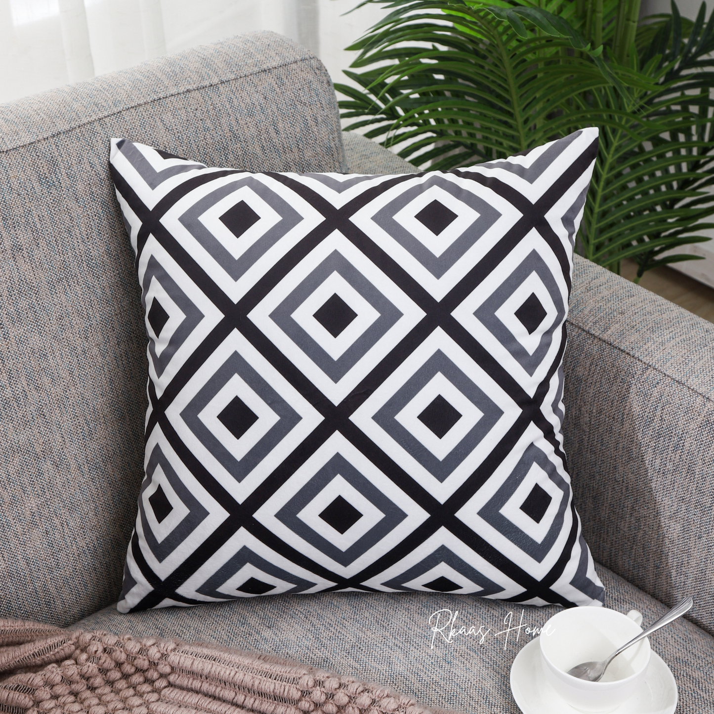 Designer Dutch Velvet Geometric Cushion Cover 45x45 cm (18 inches x 18 inches) - Black - ScentiMelti Home Fragrance, Beauty & Gifts UK