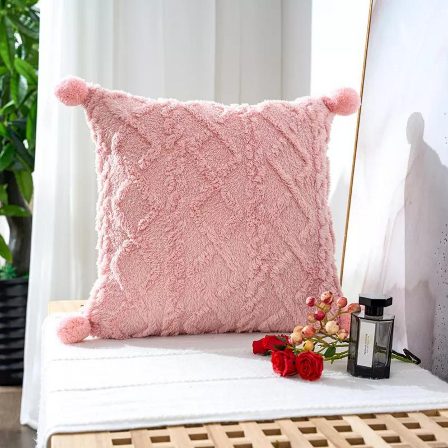 Pom Pom Fluffy Soft Plush Cushion Covers 45X45 CM - Blush Pink - ScentiMelti Home Fragrance, Beauty & Gifts UK