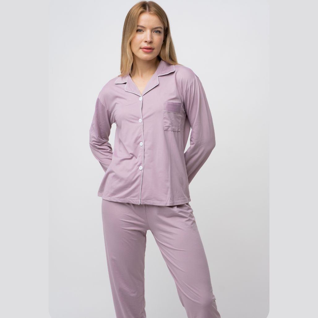 Pink Plain Soft Cotton Long Sleeve Night Suit Women's Silk Sleepwear Pyjama Set - ScentiMelti Home Fragrance, Beauty & Gifts UK