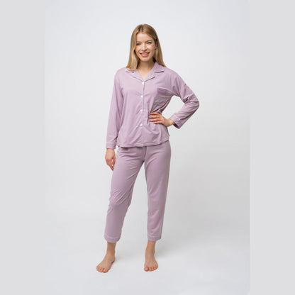 Mauve Plain Soft Cotton Long Sleeve Night Suit Women's Silk Sleepwear Pyjama Set - ScentiMelti Home Fragrance, Beauty & Gifts UK