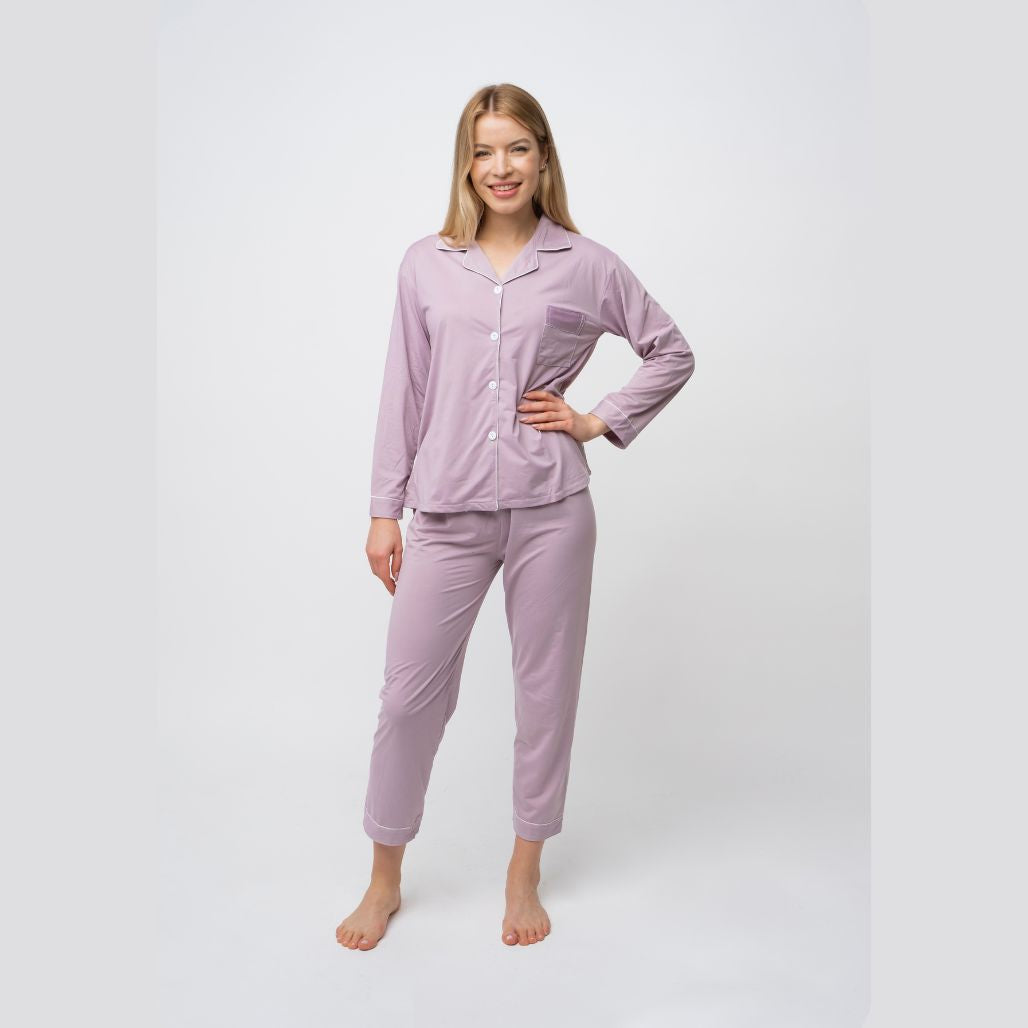 Pink Plain Soft Cotton Long Sleeve Night Suit Women's Silk Sleepwear Pyjama Set - ScentiMelti Home Fragrance, Beauty & Gifts UK