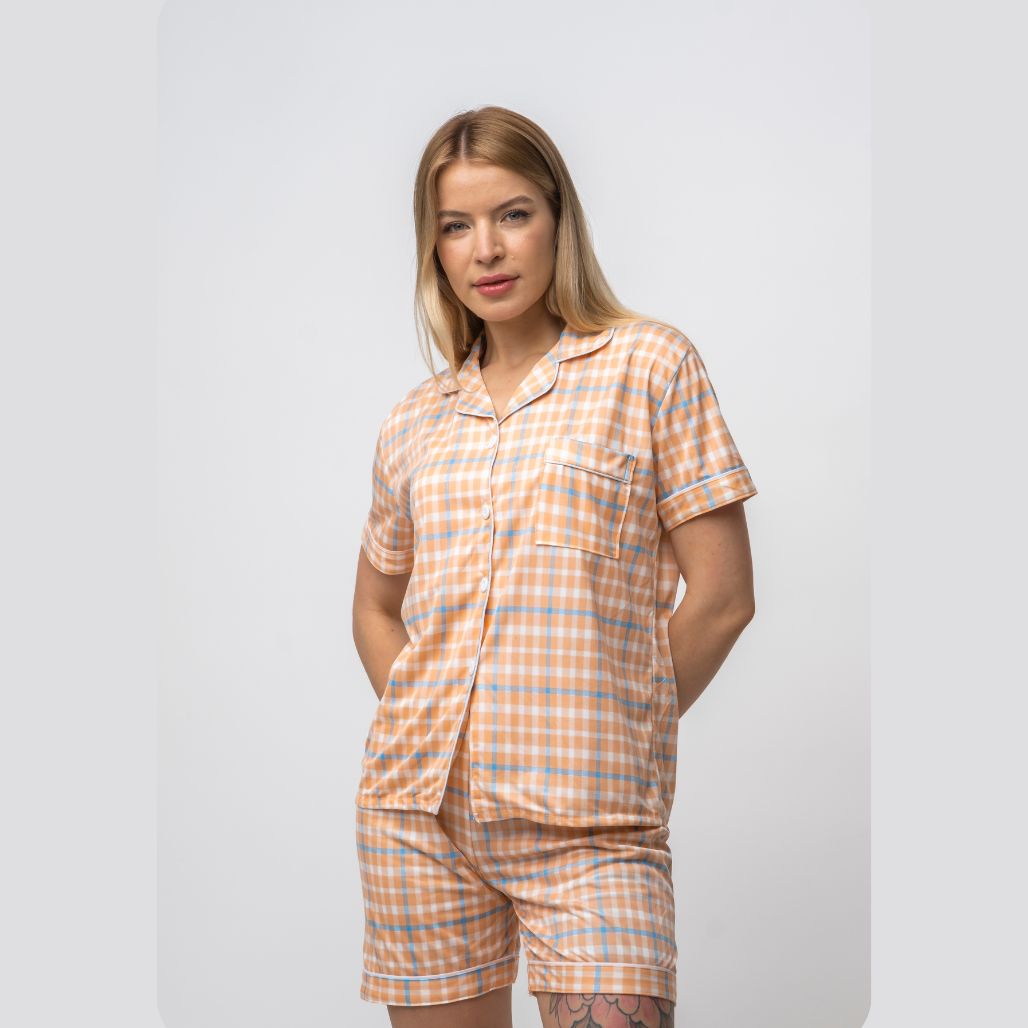 Orange and White Checkered Soft Cotton Night Suit Nightwear Women's Payjama Set - ScentiMelti Home Fragrance, Beauty & Gifts UK