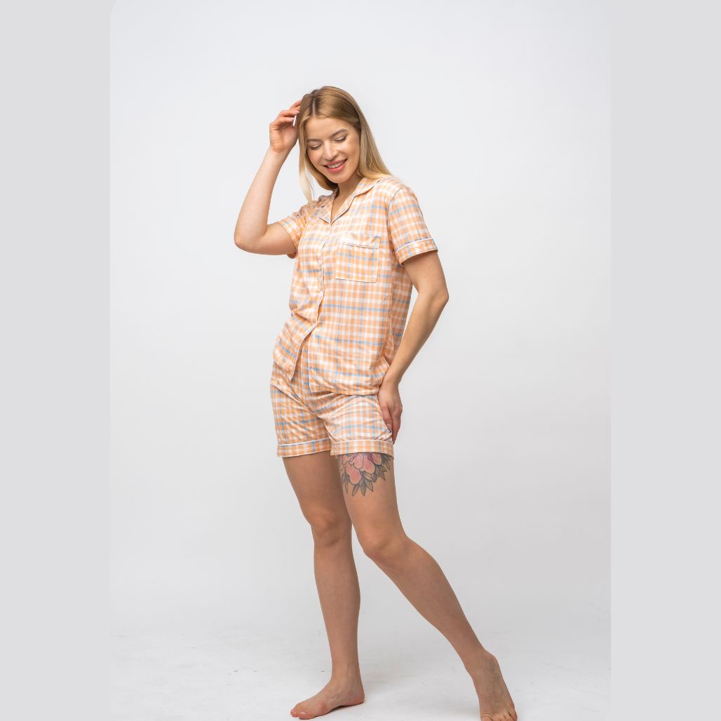 Orange and White Checkered Soft Cotton Night Suit Nightwear Women's Payjama Set - ScentiMelti Home Fragrance, Beauty & Gifts UK