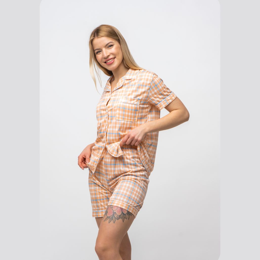 Orange and White Checkered Soft Cotton Night Suit Nightwear Women's Payjama Set - ScentiMelti Home Fragrance, Beauty & Gifts UK