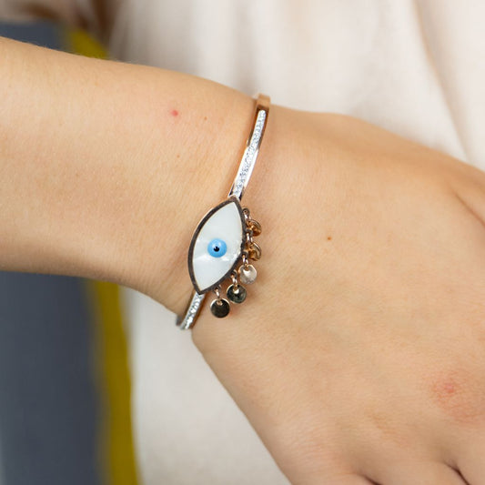 Evil Eye White Enamel Sequin Dangle 18ct Plated Rose Gold Arm Bangle The Colourful Aura ScentiMelti Wax Melts