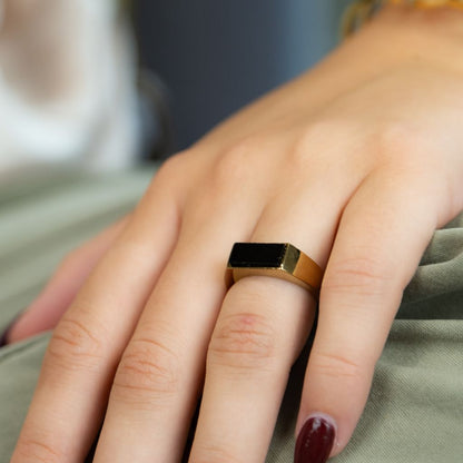 Flat Top Rectangle Thin Black Signet Solid Brass 18ct Gold Ring - ScentiMelti Home Fragrance, Beauty & Gifts UK