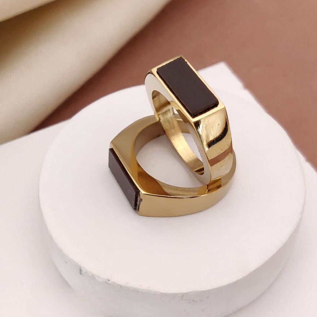 Flat Top Rectangle Thin Black Signet Solid Brass 18ct Gold Ring - ScentiMelti Home Fragrance, Beauty & Gifts UK