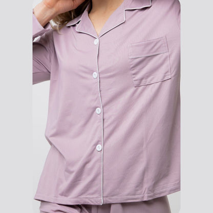 Mauve Plain Soft Cotton Long Sleeve Night Suit Women's Silk Sleepwear Pyjama Set - ScentiMelti Home Fragrance, Beauty & Gifts UK