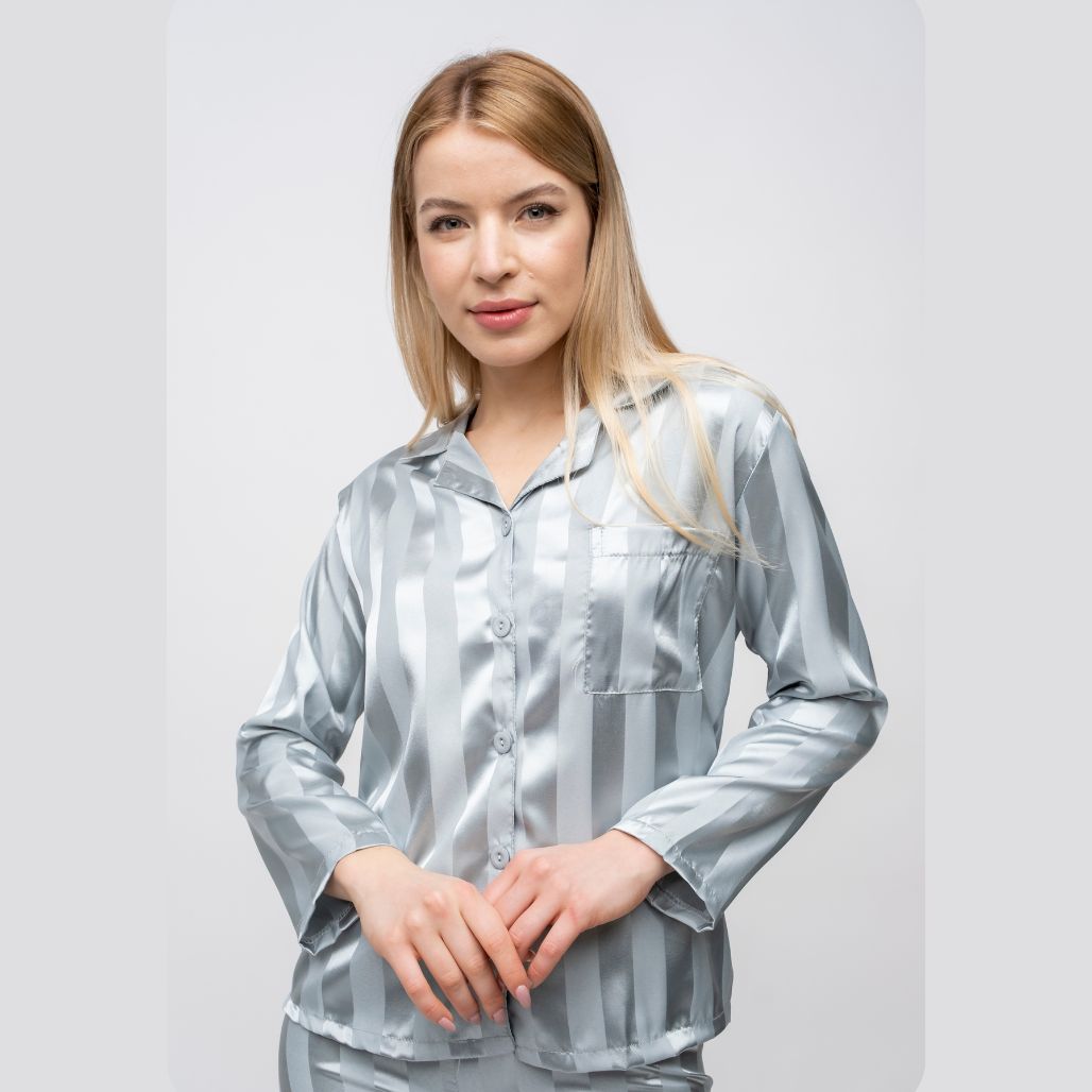 Black Stripe Soft Satin Long Sleeve Night Suit Women's Silk Sleepwear Pyjama Set - ScentiMelti Home Fragrance, Beauty & Gifts UK