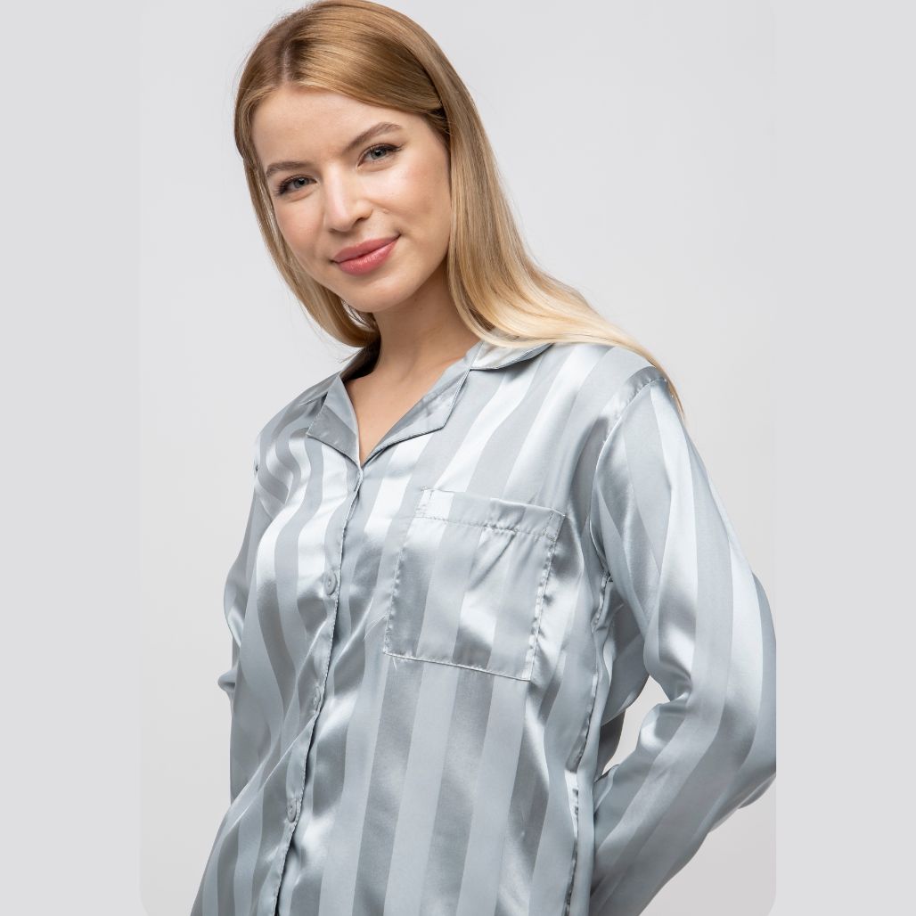 Green Stripe Soft Satin Long Sleeve Night Suit Women's Silk Sleepwear Pyjama Set - ScentiMelti Home Fragrance, Beauty & Gifts UK