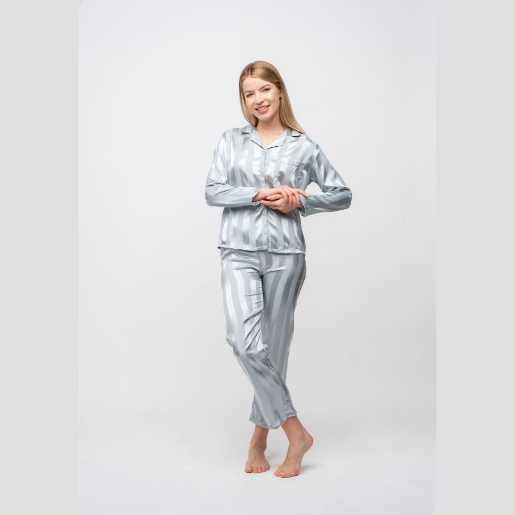 Green Stripe Soft Satin Long Sleeve Night Suit Women's Silk Sleepwear Pyjama Set - ScentiMelti Home Fragrance, Beauty & Gifts UK